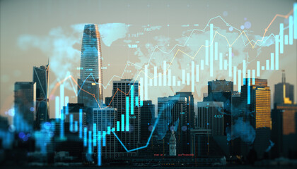 Urban skyline with digital financial graphs and holographic data overlay in double exposure style on abstract light background concept of business technology.