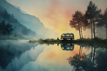 h. Dreamlike watercolor painting of a peaceful retreat van at sunrise by a misty lake, calming tones and nature reflections 