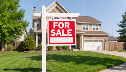 For Sale sign in front of a beautiful house with green lawn and blue sky