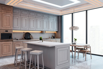 Modern bright kitchen interior with stylish cabinets, island counter, and city view through large windows in cozy apartment room. 3D Rendering