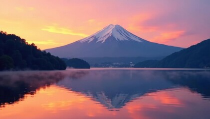 Fototapeta premium Misty dawn reveals Fuji's silhouette over tranquil Lake Yamanaka's still waters , Fuji, mist, blue