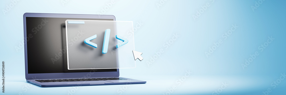 Poster Laptop with code symbol interface on light blue background representing software development and creative technology business concept. 3D Rendering