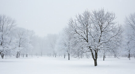 Winter's Embrace: Snow-Covered Trees in Silent Landscape AI Generated