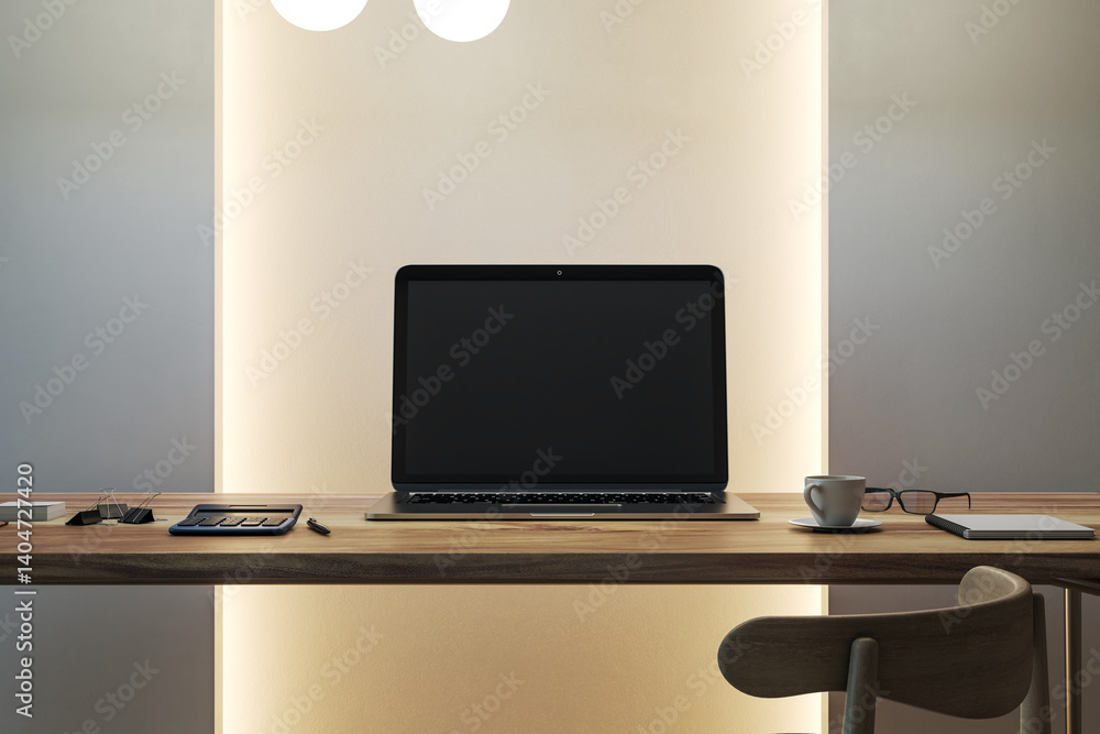Poster modern workspace mockup with blank laptop screen on wooden desk in softly backlit interior office ro