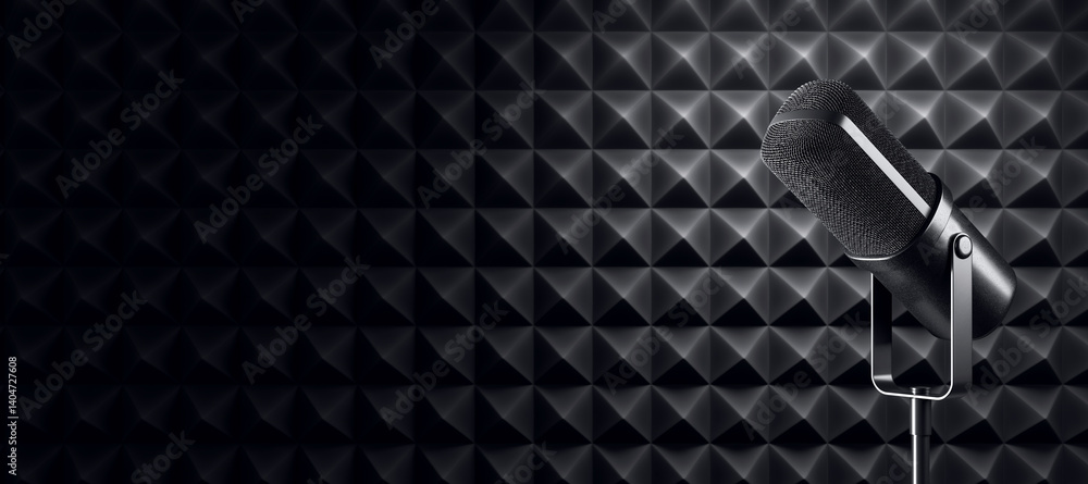 Poster modern black microphone on stand angled left, isolated onblack background with soft light glow, tech