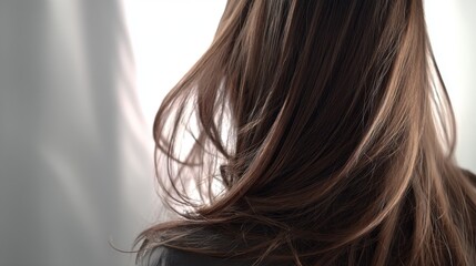 Fototapeta premium Beautiful model girl with Brown hair strand,silky healthy chestnut wavy hair strand,hair wavy ribbon, with smooth,Keratin straightening,Treatment,straight long hair,procedures,Smooth hairstyle.