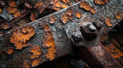 A heavily rusted farm plow with thick layers of oxidation, ultra-detailed close-up textures forming flaky patterns, professional lighting capturing the rugged aged effect