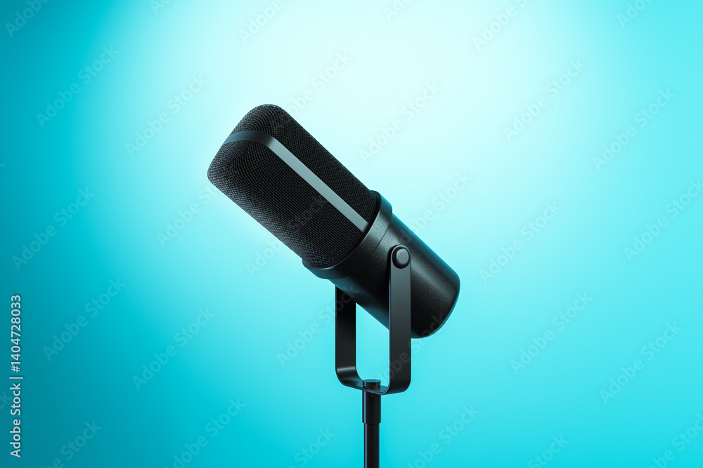 Poster Modern black microphone on stand angled left, isolated on bright turquoise blue gradient background with soft light glow, technology concept scene. 3D Rendering