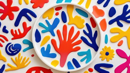 Colorful Abstract Shapes and Designs on a White Background with a Center Plate of Hand Shapes