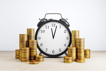 Classic alarm clock surrounded by stacks of golden coins on wooden surface with light background symbolizing time and financial investment concept. 3D Rendering