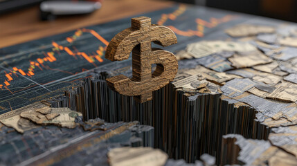 A dollar symbol rises above a detailed financial chart with torn currency notes, illustrating economic trends and market fluctuations.