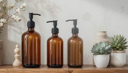 Stylish amber glass bottles with dispensers on a wooden shelf with decorative succulent plants. A concept with home decor, body and face care