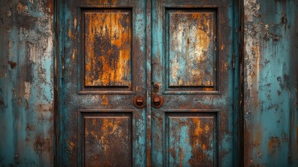 A corroded steel door with streaks of deep rust and faded paint, ultra-detailed textures forming layered oxidation, high-resolution clarity capturing the full weathered effect
