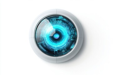 High tech circular biometric eye scanner glowing with blue light isolated on white used in security systems technology branding and sci-fi concepts