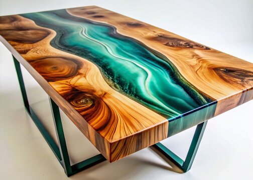 Exotic River Table: A handcrafted wooden table featuring a mesmerizing river-like inlay of blue and green epoxy resin, set upon sleek metal legs, showcasing unique artistry and modern design.