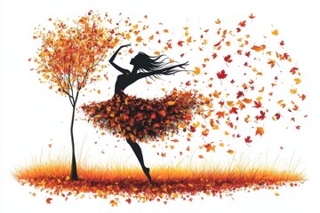 Fototapeta premium Autumn Woman Dancing in Falling Leaves Silhouette Nature Beauty