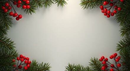 Festive evergreen boughs and bright berry sprigs frame a soft neutral backdrop