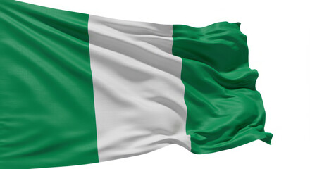 Fototapeta premium Waving flag of Nigeria in the wind showing national pride and identity of the African nation on white background, symbolizing unity, freedom and patriotism