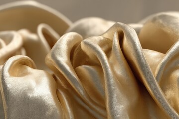 Luxurious folds of champagne-colored silk fabric create an elegant and textural image, perfect for fashion, beauty, or luxury branding. 