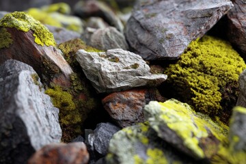 An intimate close-up reveals a captivating texture of rough, weathered rocks. A splash of vibrant lichen adding a stunning natural beauty.