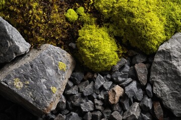 A close-up, photorealistic view of a composition showcasing rough gray stone, tiny gray stone, and lush, vibrant green moss