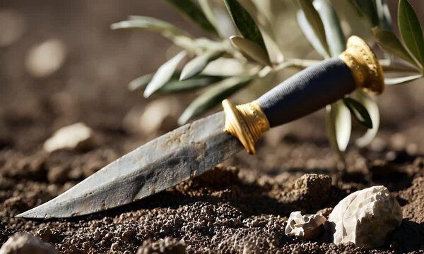 An ancient looking dagger lays on soil, with golden fixtures and an olive branch beside it