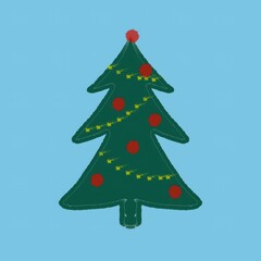 Christmas tree with decorations and red balls on light blue background