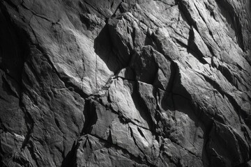 A dramatic close-up of a rugged rock face, highlighting the intricate texture of the stone, with deep shadows and crevices, revealing a sense of rugged beauty and resilience. 