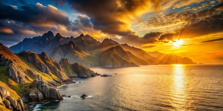 Majestic Coastal Sunrise: Dramatic clouds paint the sky as a vibrant sun rises over a rugged, rocky coastline, casting a golden glow on the tranquil sea and majestic mountains.