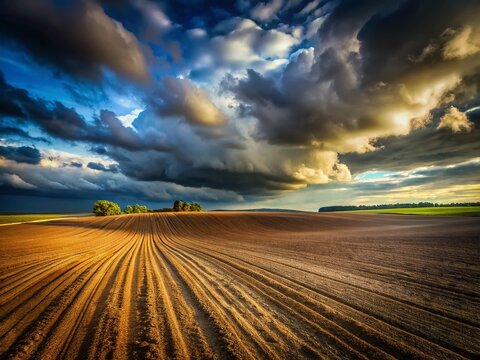 Dramatic Clouds Over Plowed Field: A vast, freshly plowed field with intricate soil patterns stretches towards the horizon, beneath a breathtaking sky filled with dynamic.