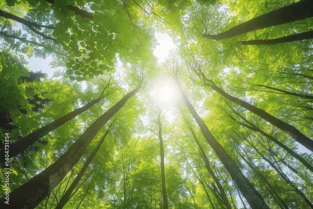 Poster sunlight streams through the dense canopy of trees in a summer forest, casting dappled shadows on th