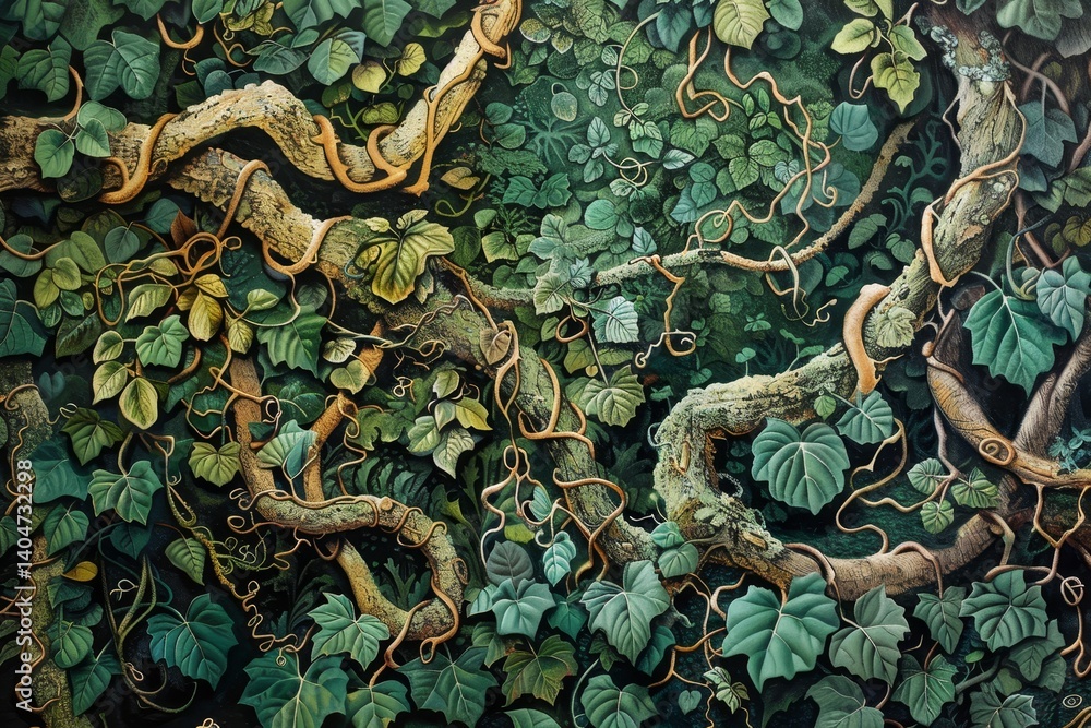 Poster a close-up view of intricate vines and foliage intertwining in a verdant forest, intricate patterns 