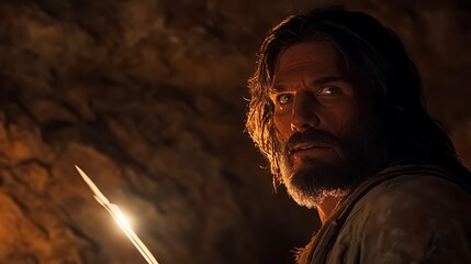 Caveman warrior with dark cave.