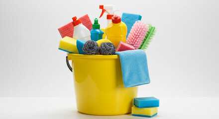 A cheerful yellow bucket brimming with cleaning supplies, ready for a sparkling clean, promising a fresh and bright home, with colorful sponges and brushes.