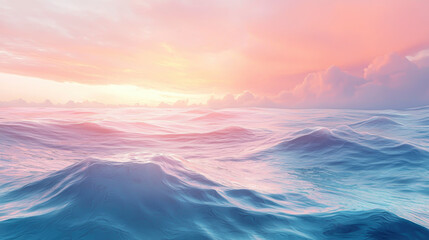 A serene summer atmosphere unfolds with gentle ocean waves, reflecting hues of pink and orange from a stunning sunset above the horizon. A peaceful moment in nature