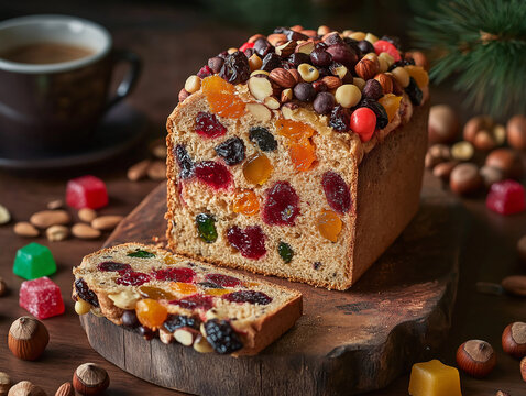 chocolate cake with nuts，A fruit cake decorated with grapes, orange slices, and nuts, served next to fresh fruits, set against a dark wooden background.