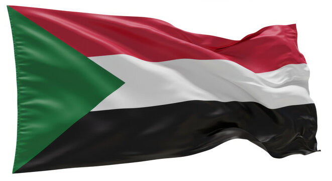 Waving flag of Sudan against white background displaying national pride and patriotism in a studio shot, symbolizing unity and Sudanese identity