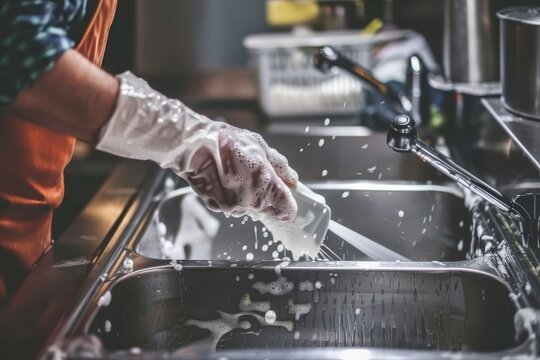 A person wearing gloves washes dishes in a stainless steel sink, Conducting regular inspections of the kitchen for cleanliness and hygiene