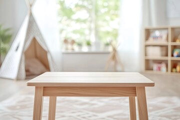 Empty wooden table in playroom for product placement with teepee tent and toy shelf in background