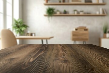 Empty wooden table in blurred scandinavian style room for product placement