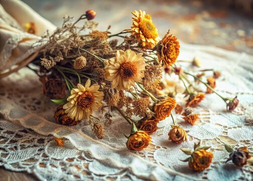 Dried Flowers Arrangement: A rustic arrangement of dried flowers and delicate lace evokes a sense of vintage charm and timeless beauty.
