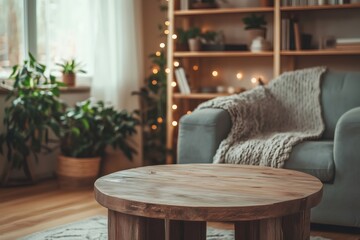 Empty round wooden coffee table displaying products in cozy living room