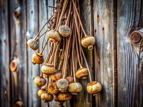 Dried Poppy Seed Pods on Wooden Fence: A rustic display of dried poppy seed pods hanging on a weathered wooden fence, evoking a sense of natural decay and botanical charm.