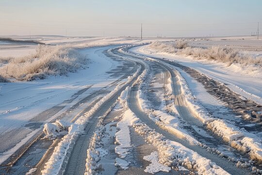 A snow-covered country road with tire tracks winding through the landscape in a frosty winter scene, Icy road with snow drifts and tire imprints
