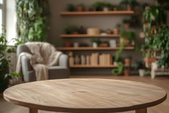 Empty round wooden coffee table for product placement in cozy living room