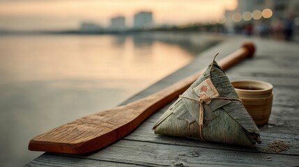 Obraz premium Zongzi and dragon boat paddle in warm light, celebrating Dragon Boat Festival traditions