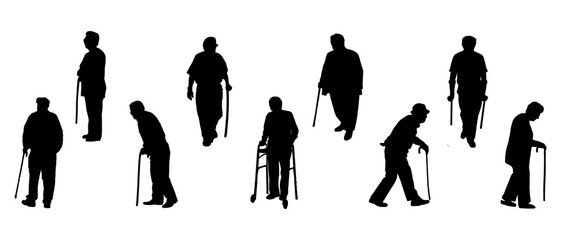vectot silhouette of a set set of an old man walking using a cane aid