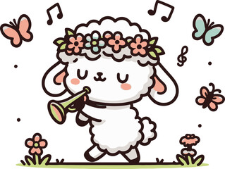 Lamb’s Flower Crown Parade. Cartoon Illustration.