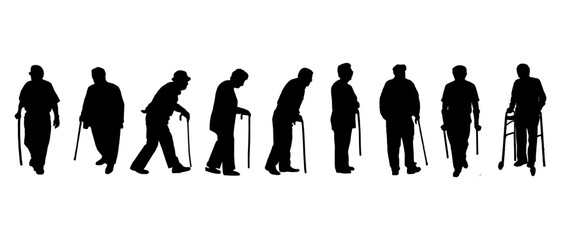 slhouette of a set of an old man walking using a cane aid