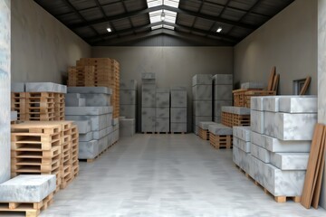 Warehouse Storage. Stacks of blocks and pallets inside a storage warehouse.